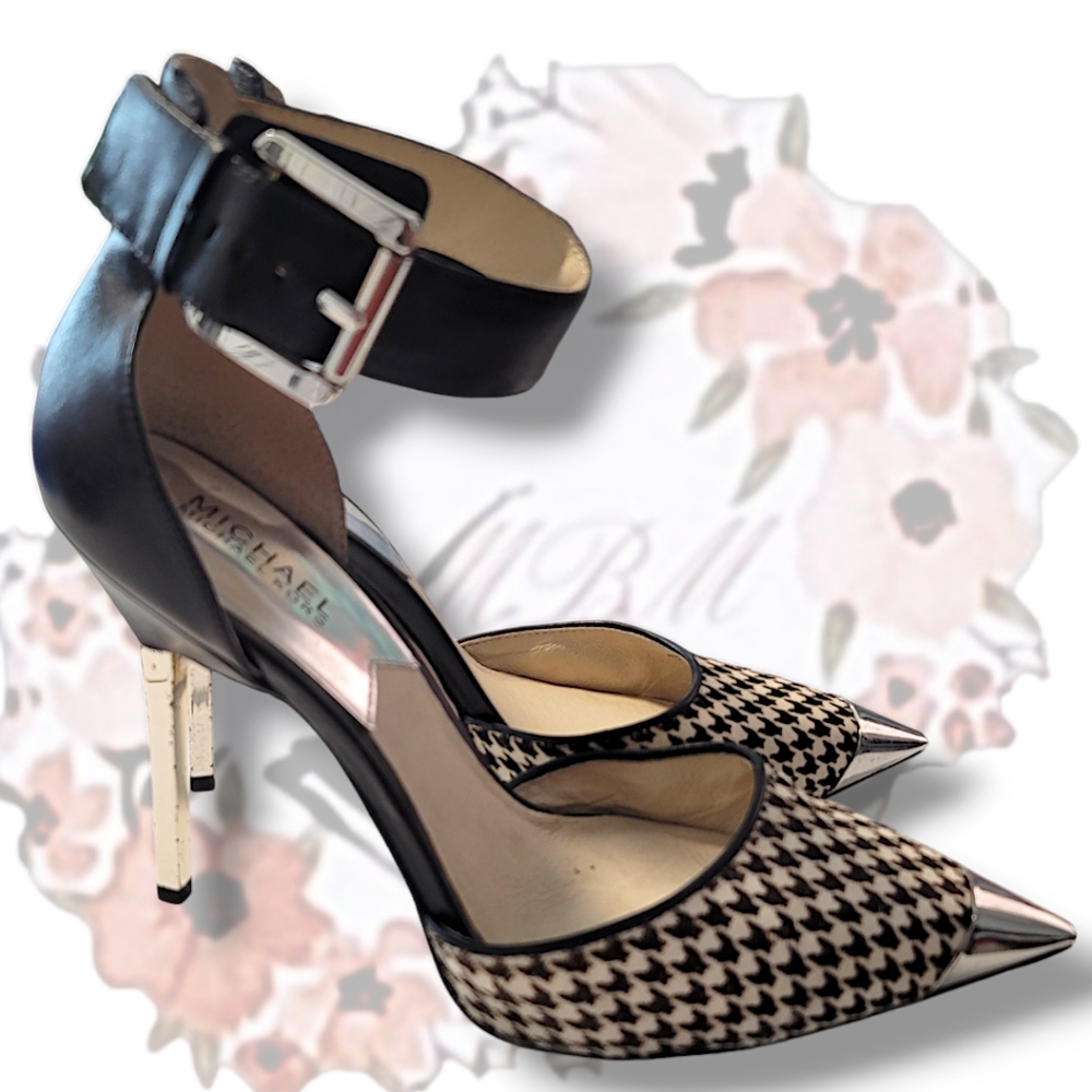 💕 Michael Kors "Wow Zady" Houndstooth Print Chrome Accent Heels size 10M - Picture 6 of 6